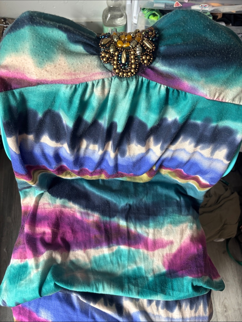 eyelash couture Teal Purple Blue Strapless Maxi Dress with Beaded Detail
